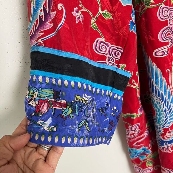 Chico's Silk Asian Art Kimono Top Womens XL 3 Floral Phoenix Red Artsy Lagenlook - Picture 4 of 11